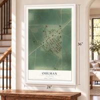 Ohlman, Illinois map, 24 x 36 inch print in a white frame by a staircase