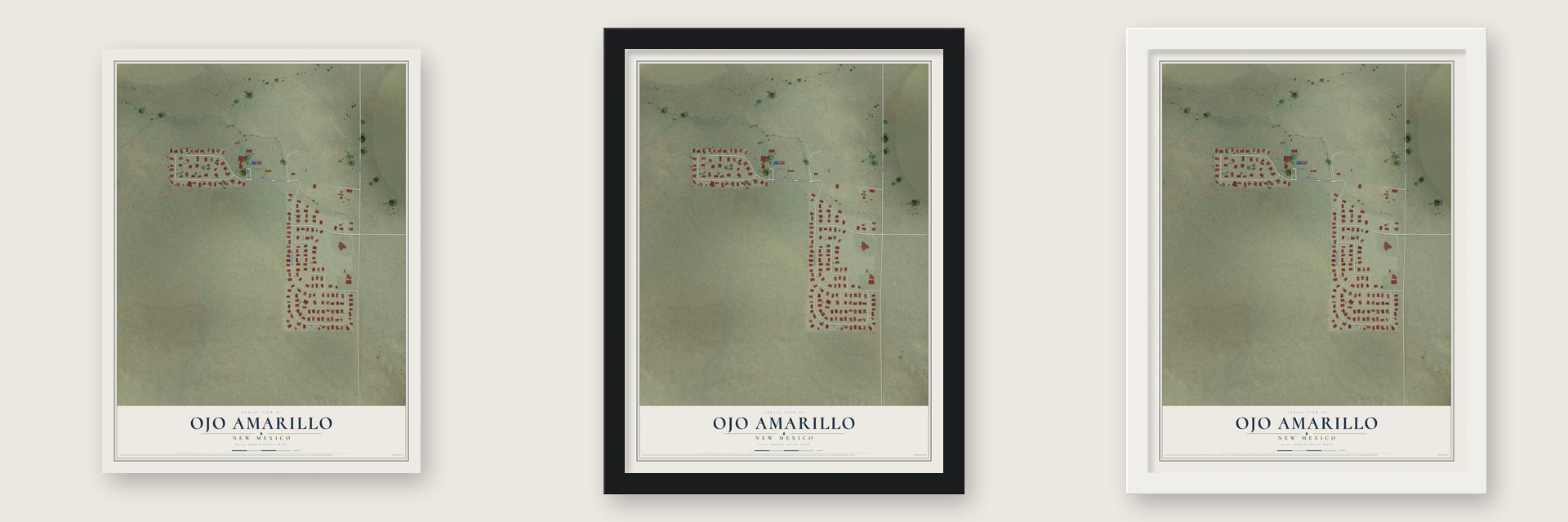 Ojo Amarillo, New Mexico map unframed, in a black wood frame and in a white wood frame