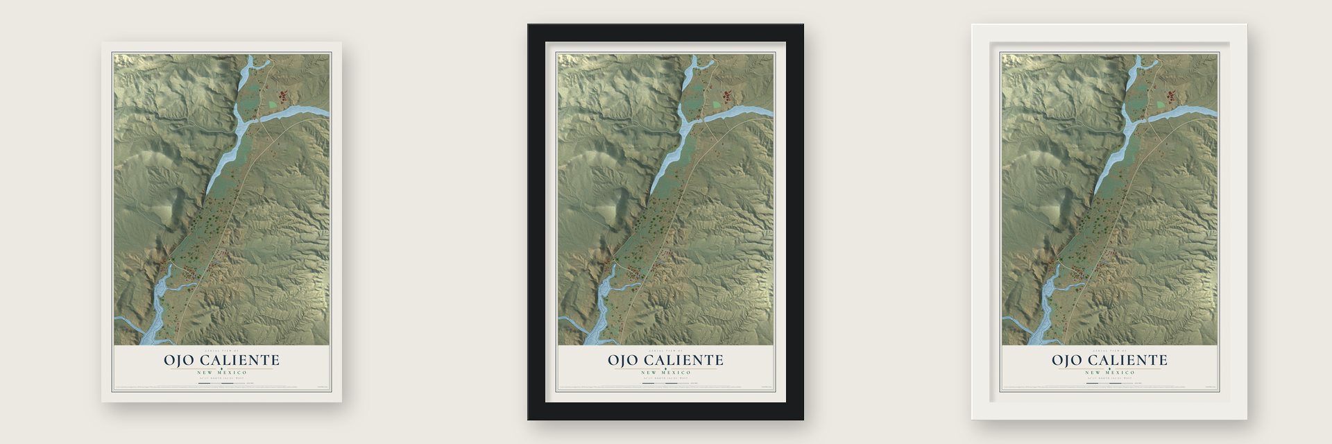 Ojo Caliente, New Mexico map unframed, in a black wood frame and in a white wood frame