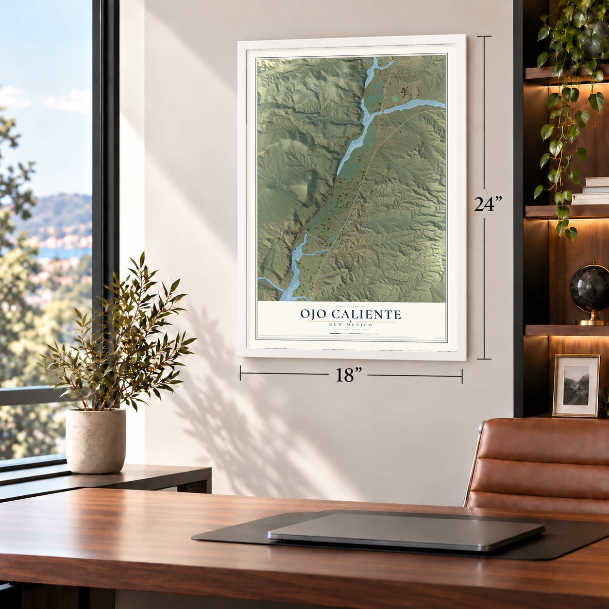 Ojo Caliente, New Mexico map, 18 x 24 inch print in a white frame in a home office