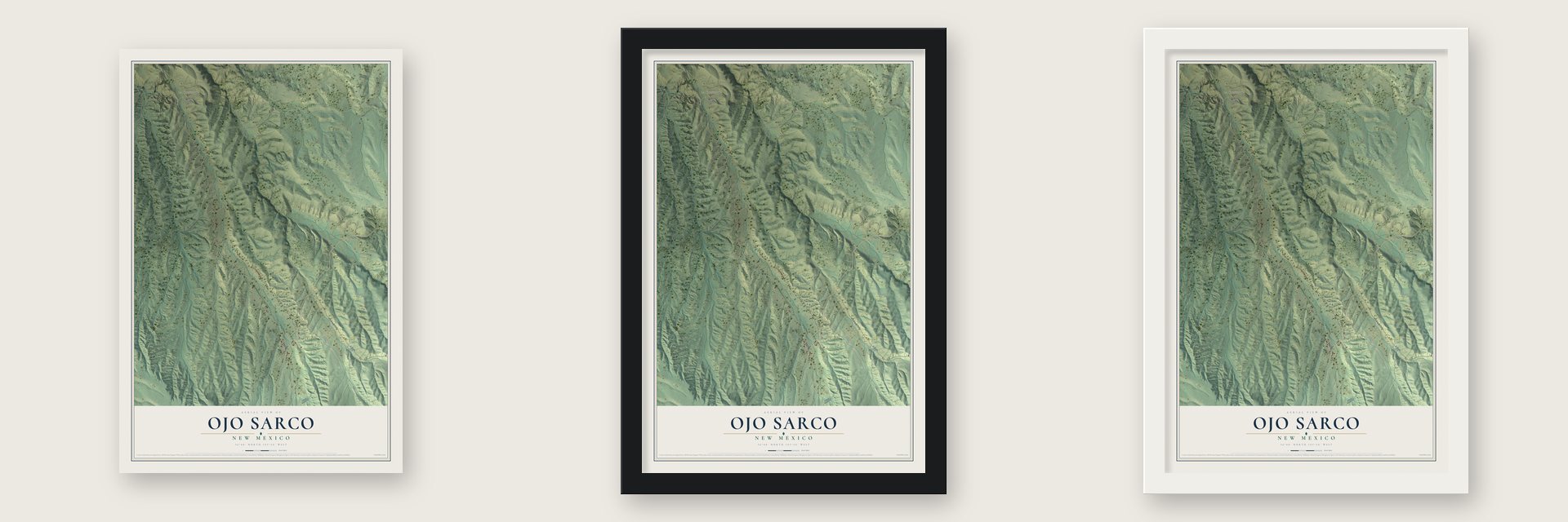 Ojo Sarco, New Mexico map unframed, in a black wood frame and in a white wood frame