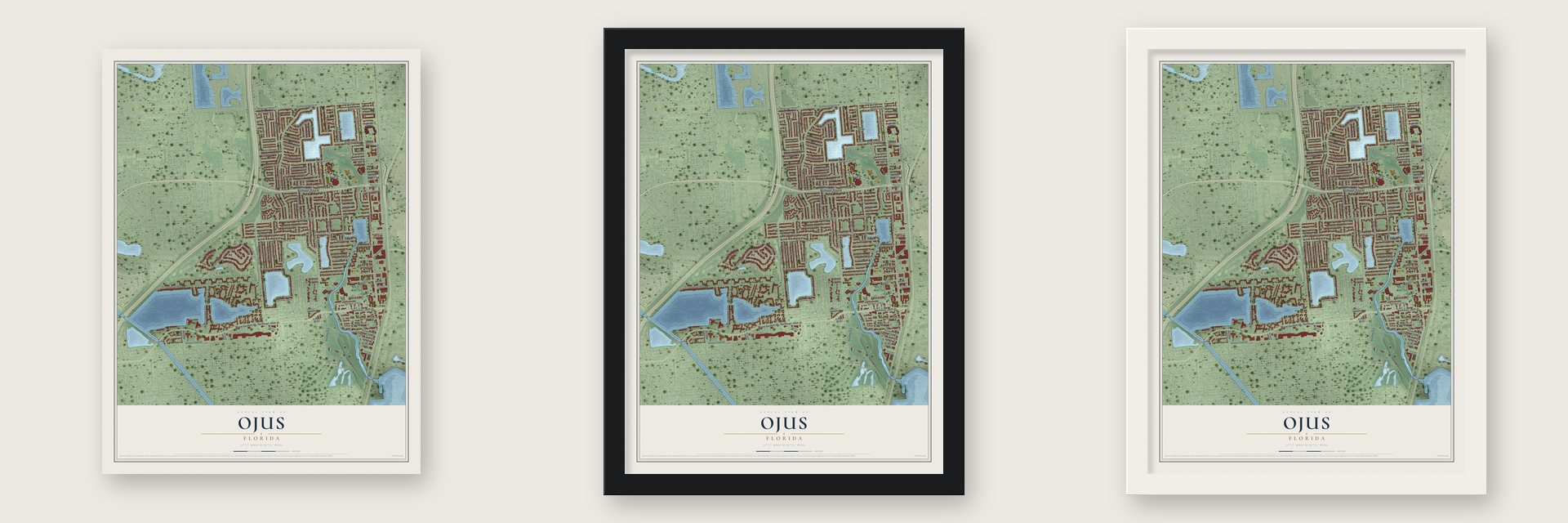 Ojus, Florida map unframed, in a black wood frame and in a white wood frame