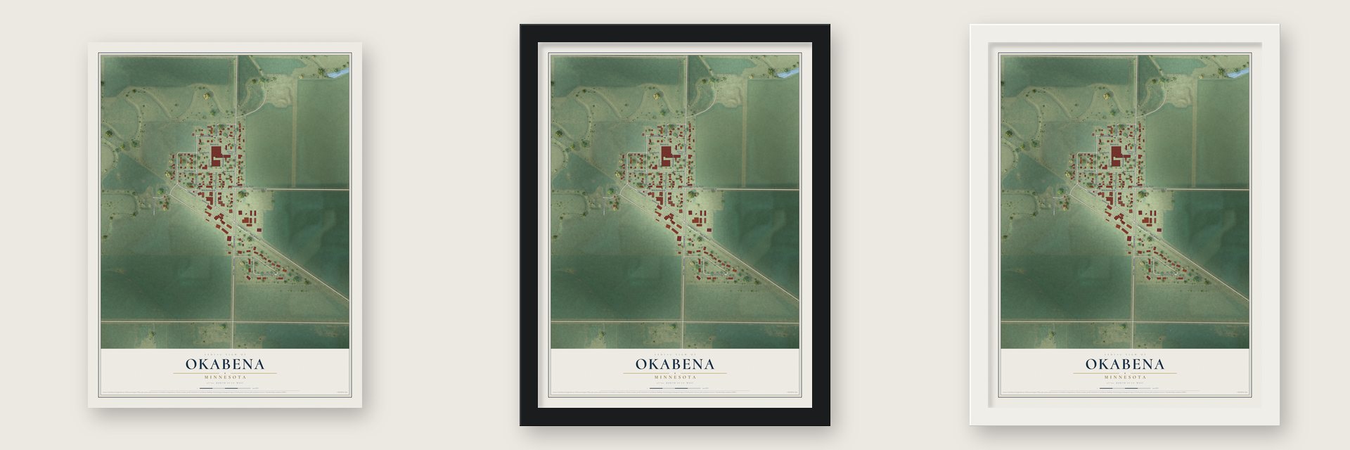 Okabena, Minnesota map unframed, in a black wood frame and in a white wood frame
