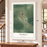 Okabena, Minnesota map, 24 x 36 inch print in a white frame by a staircase