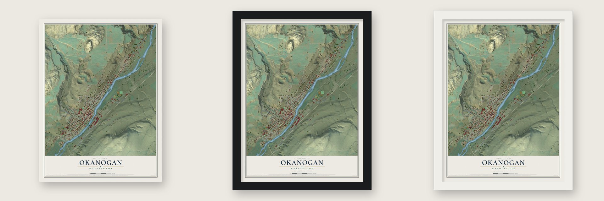 Okanogan, Washington map unframed, in a black wood frame and in a white wood frame