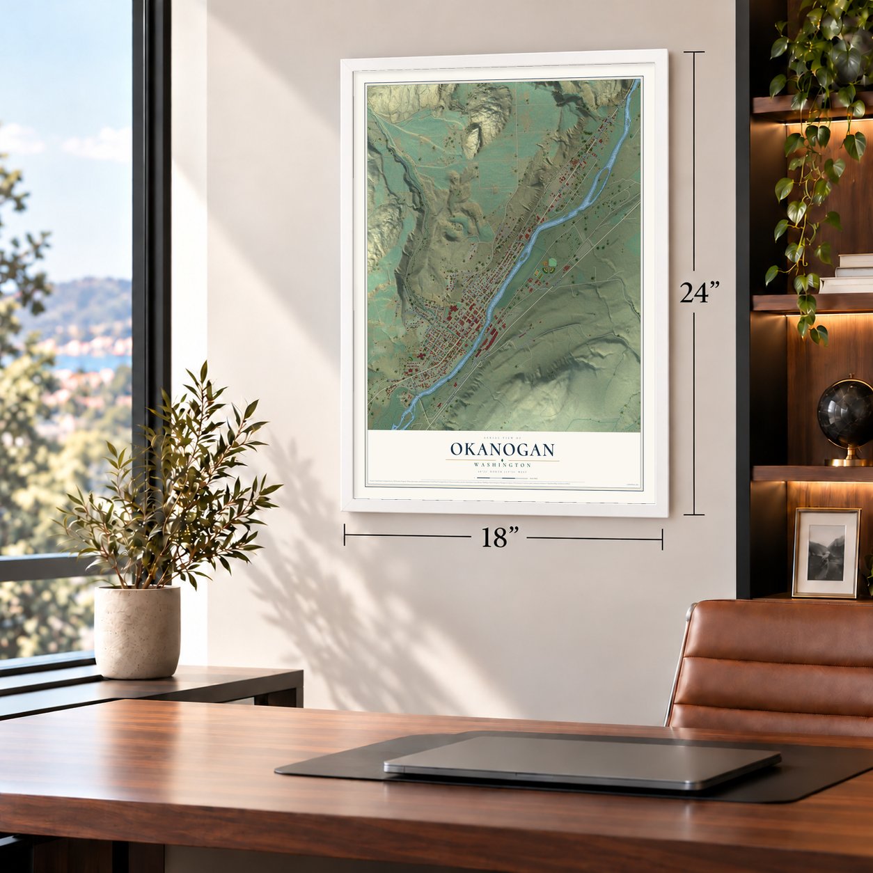 Okanogan, Washington map, 18 x 24 inch print in a white frame in a home office