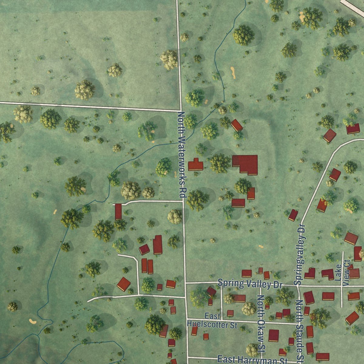 Second close-up of the map of Okawville, Illinois print showing more streets and buildings