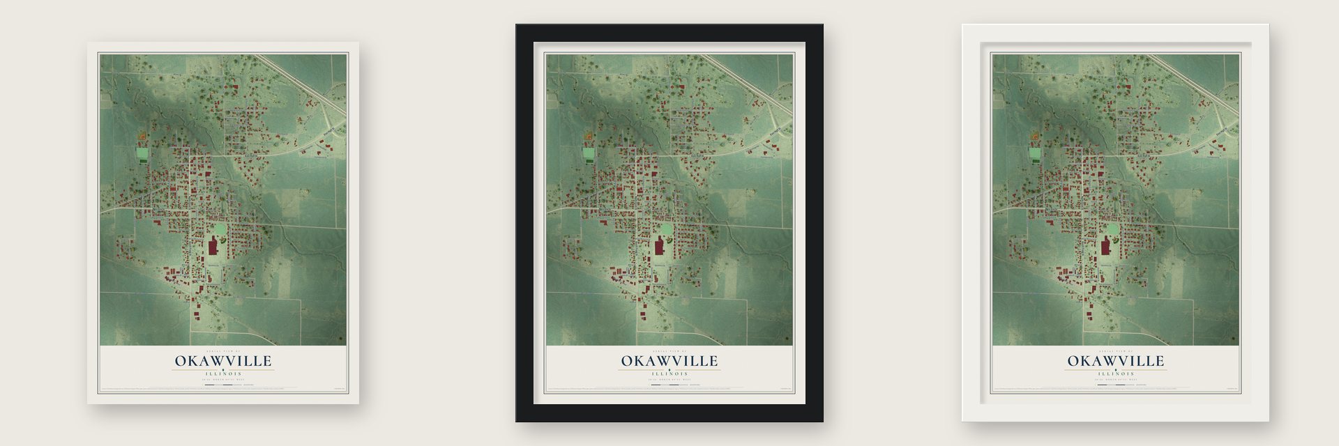 Okawville, Illinois map unframed, in a black wood frame and in a white wood frame