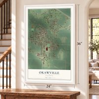 Okawville, Illinois map, 24 x 36 inch print in a white frame by a staircase