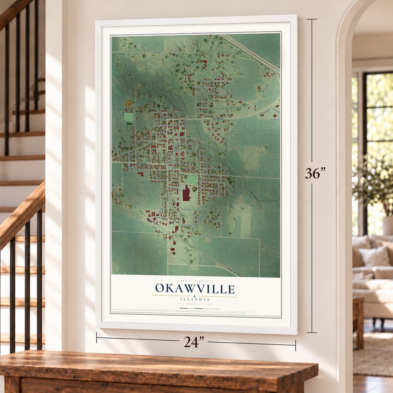 Okawville, Illinois map, 24 x 36 inch print in a white frame by a staircase