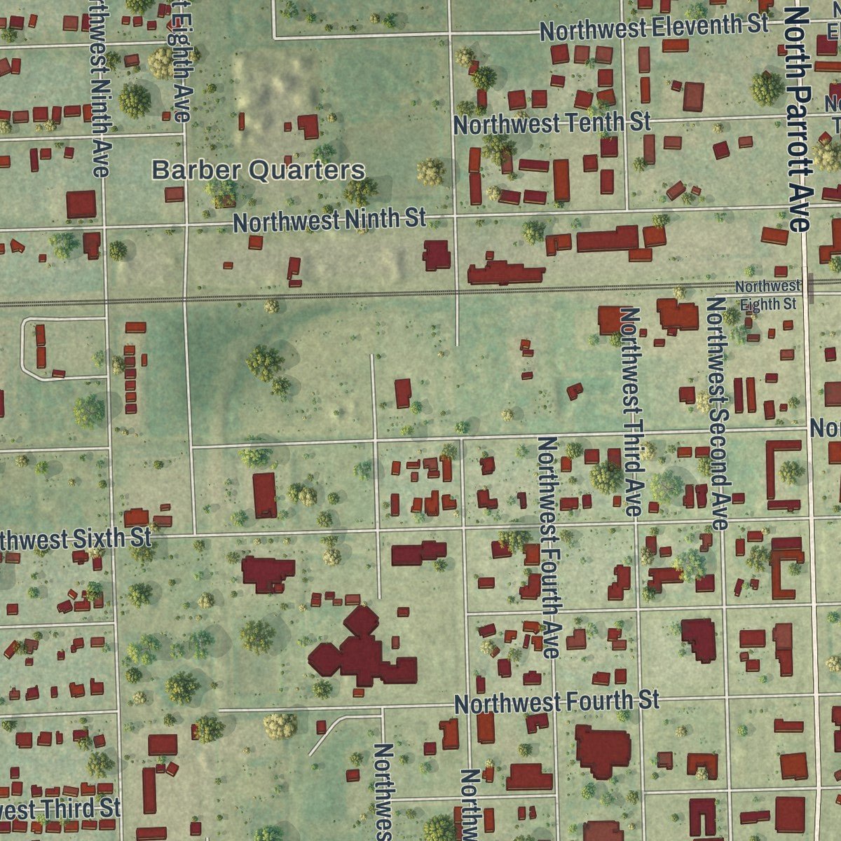 Second close-up of the map of Okeechobee, Florida print showing more streets and buildings