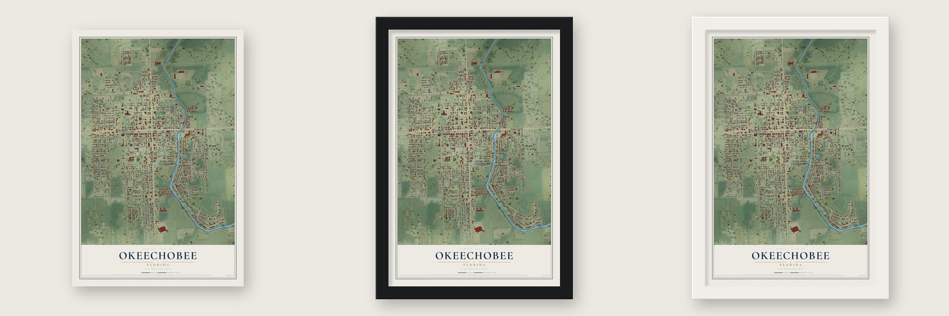 Okeechobee, Florida map unframed, in a black wood frame and in a white wood frame
