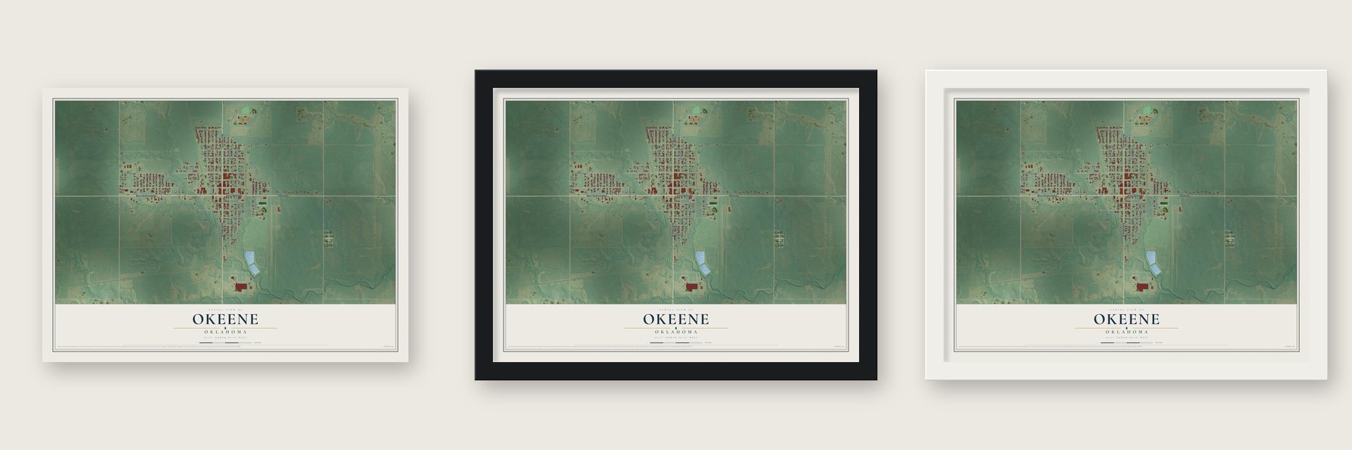 Okeene, Oklahoma map unframed, in a black wood frame and in a white wood frame
