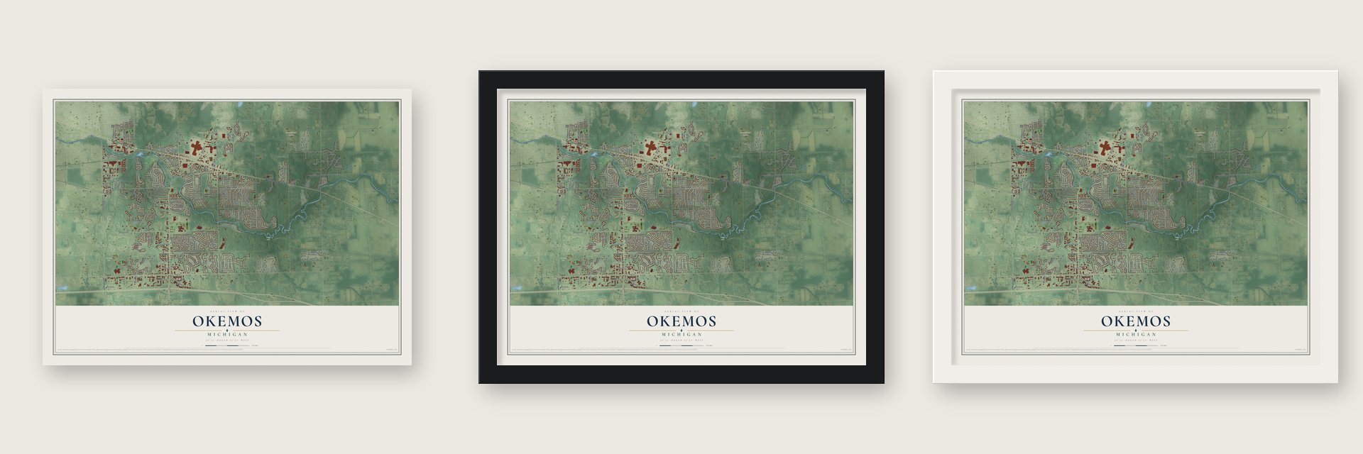 Okemos, Michigan map unframed, in a black wood frame and in a white wood frame