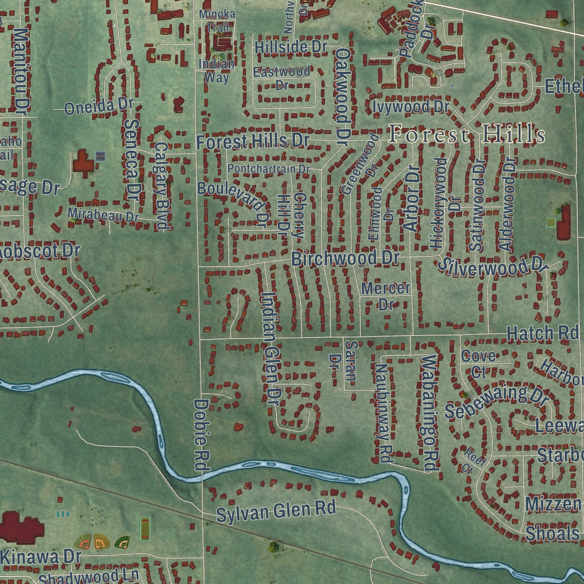 Second close-up of the map of Okemos, Michigan print showing more streets and buildings