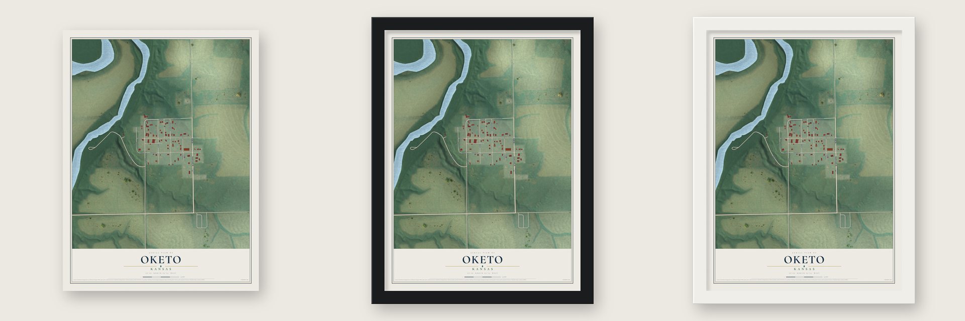 Oketo, Kansas map unframed, in a black wood frame and in a white wood frame