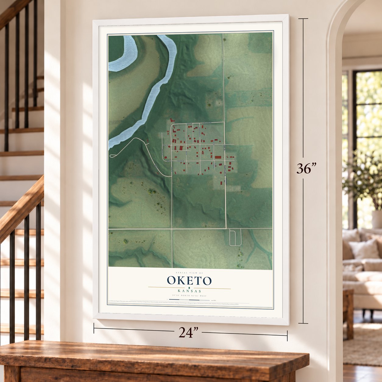 Oketo, Kansas map, 24 x 36 inch print in a white frame by a staircase