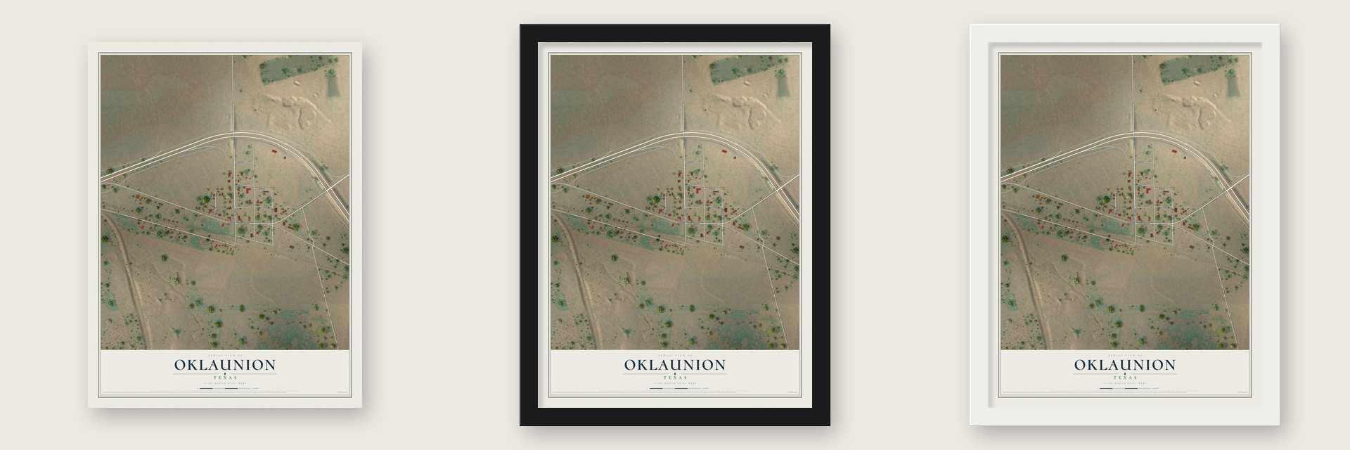 Oklaunion, Texas map unframed, in a black wood frame and in a white wood frame
