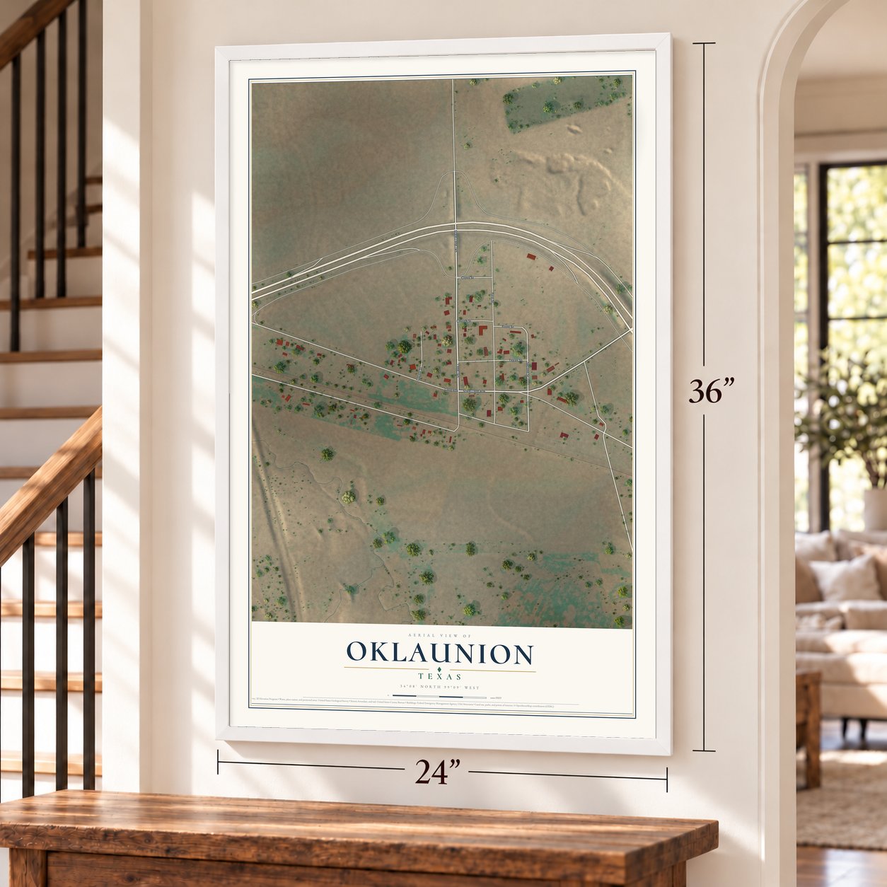 Oklaunion, Texas map, 24 x 36 inch print in a white frame by a staircase
