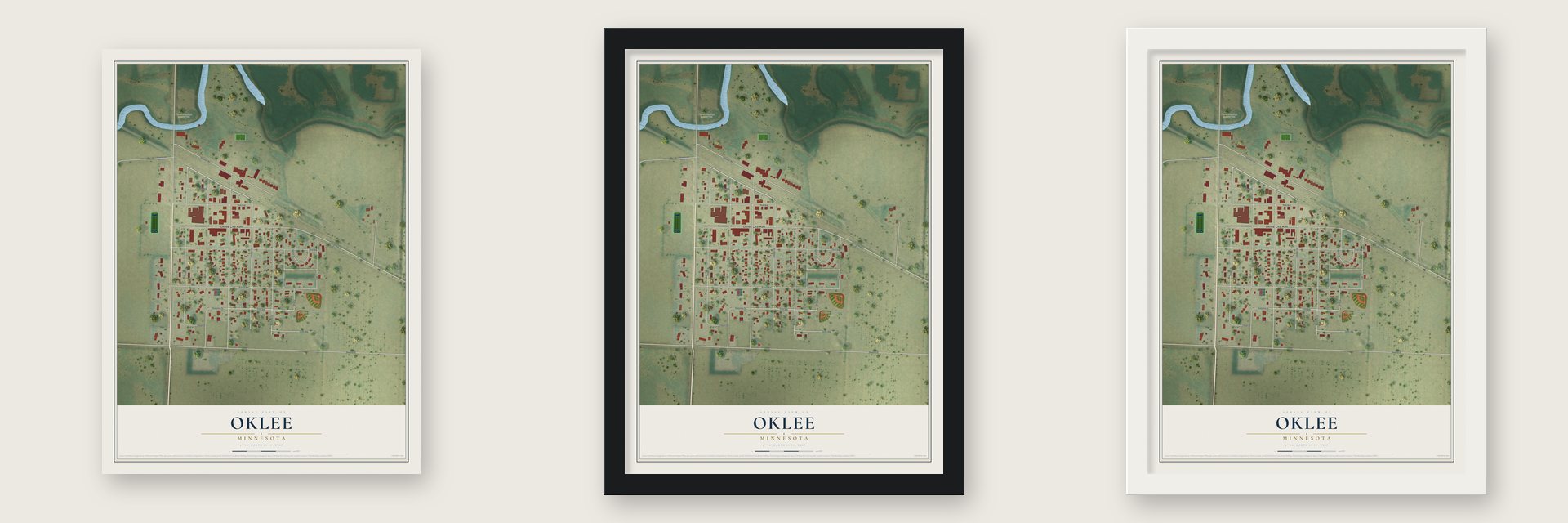 Oklee, Minnesota map unframed, in a black wood frame and in a white wood frame