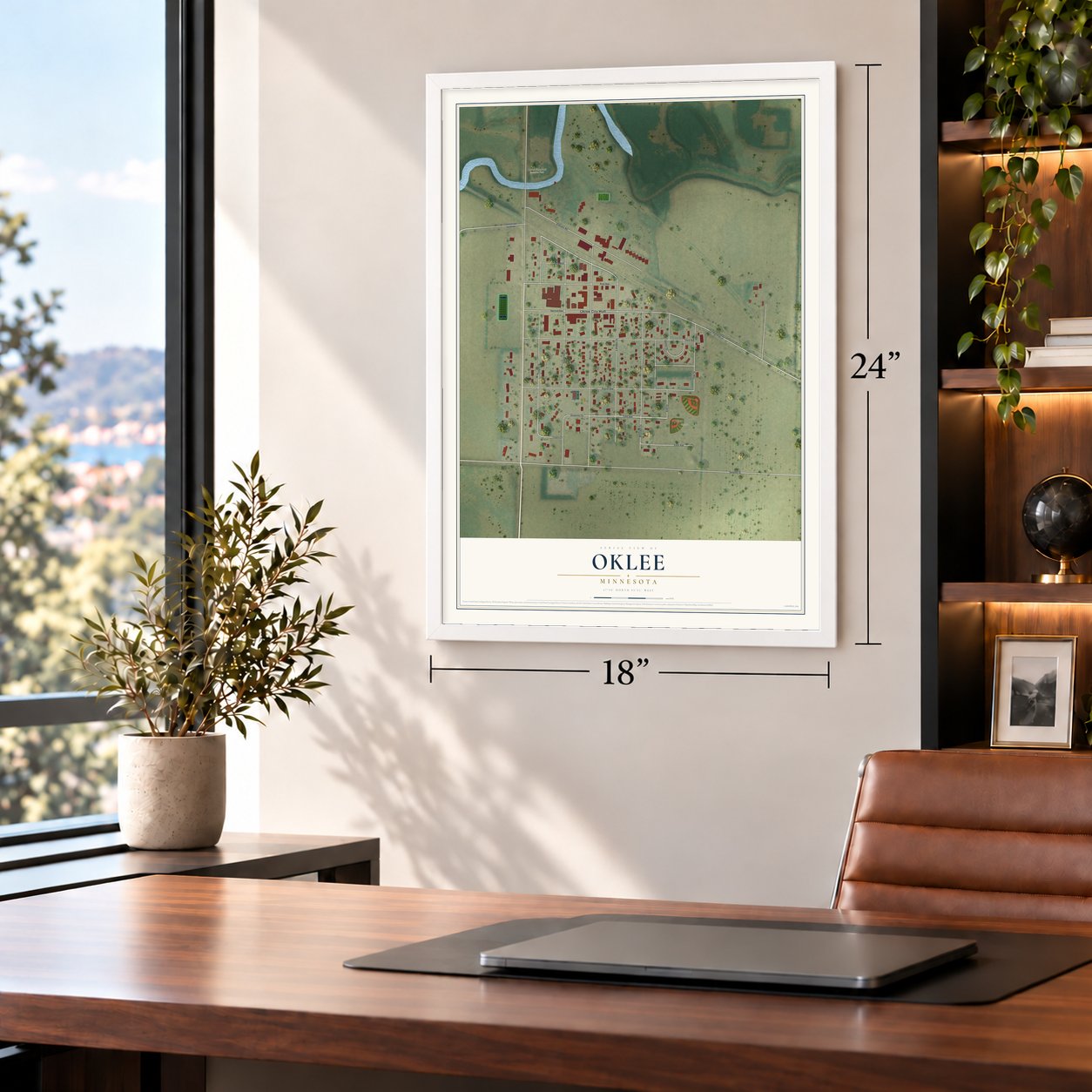 Oklee, Minnesota map, 18 x 24 inch print in a white frame in a home office