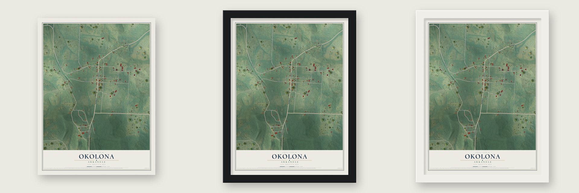 Okolona, Arkansas map unframed, in a black wood frame and in a white wood frame