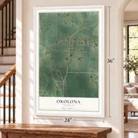 Okolona, Arkansas map, 24 x 36 inch print in a white frame by a staircase