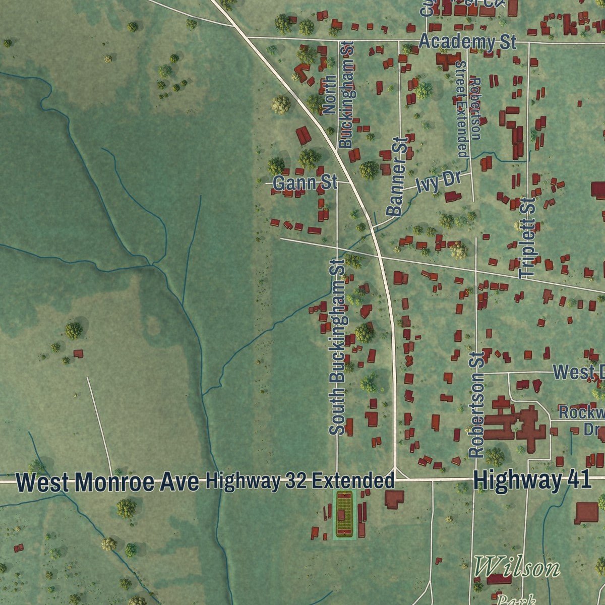 Second close-up of the map of Okolona, Mississippi print showing more streets and buildings