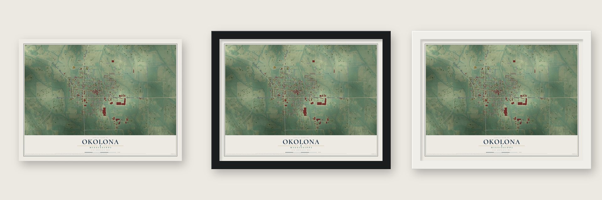 Okolona, Mississippi map unframed, in a black wood frame and in a white wood frame