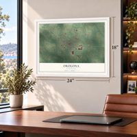 Okolona, Mississippi map, 18 x 24 inch print in a white frame in a home office