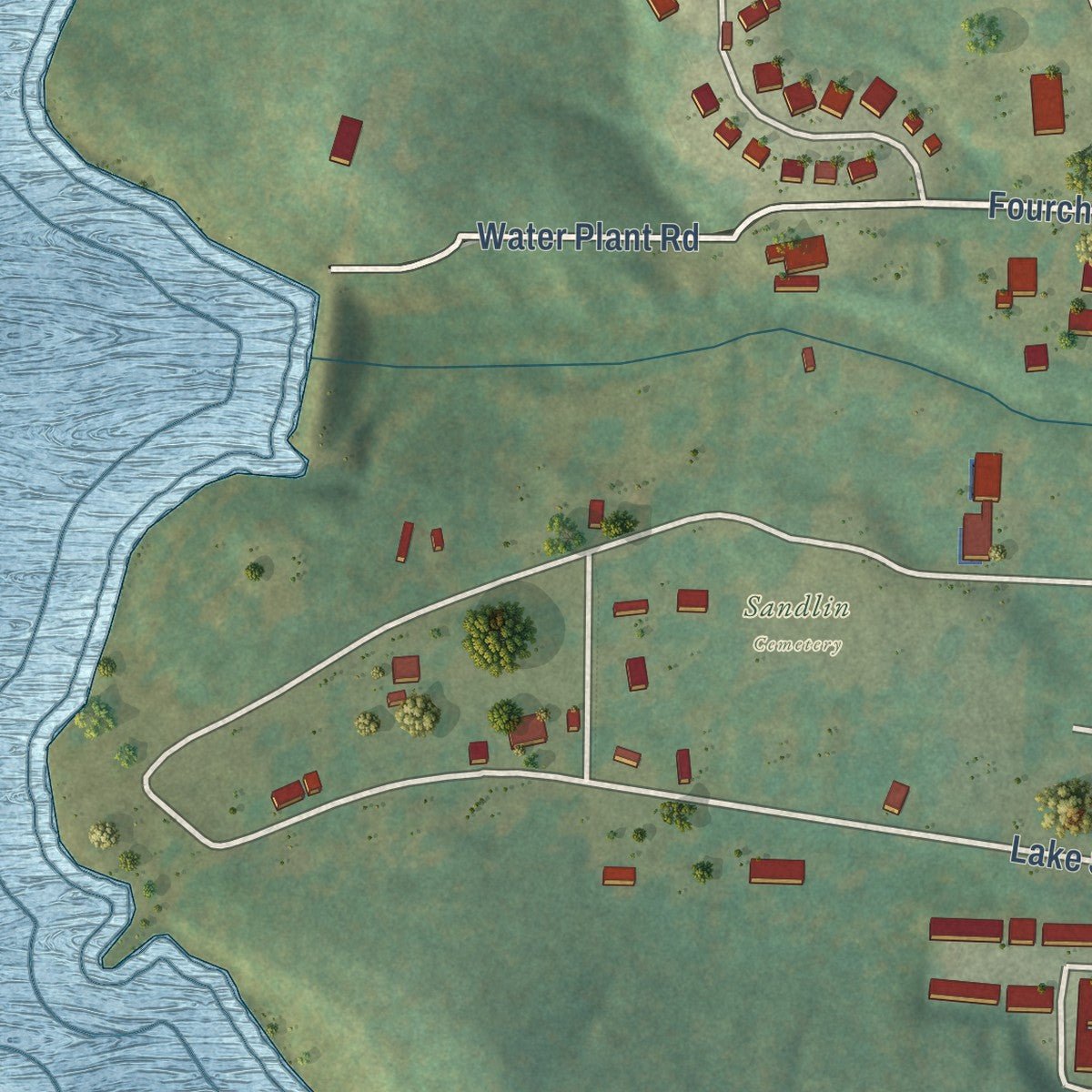 Second close-up of the map of Ola, Arkansas print showing more streets and buildings