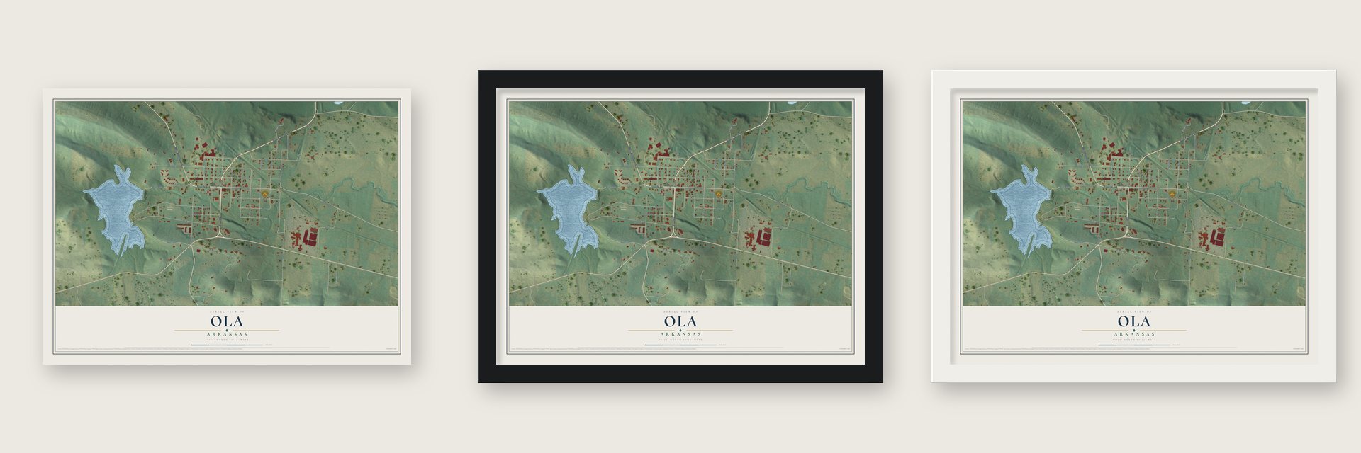 Ola, Arkansas map unframed, in a black wood frame and in a white wood frame