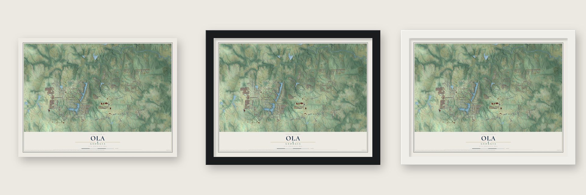 Ola, Georgia map unframed, in a black wood frame and in a white wood frame