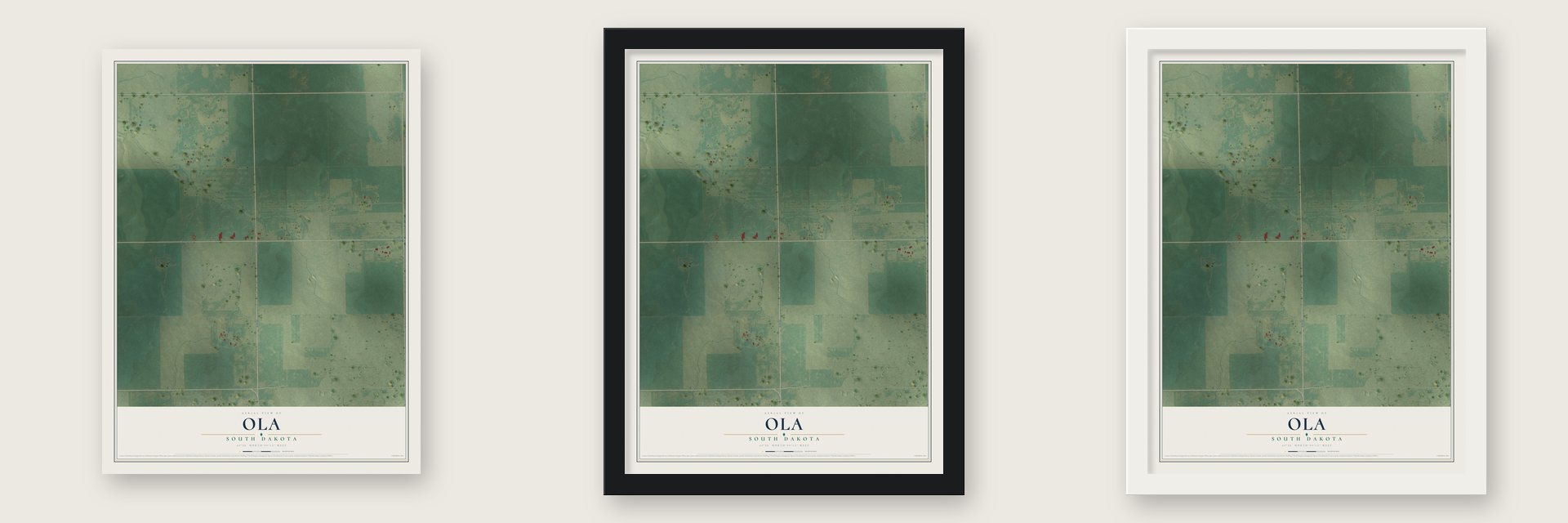 Ola, South Dakota map unframed, in a black wood frame and in a white wood frame