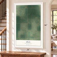 Ola, South Dakota map, 24 x 36 inch print in a white frame by a staircase