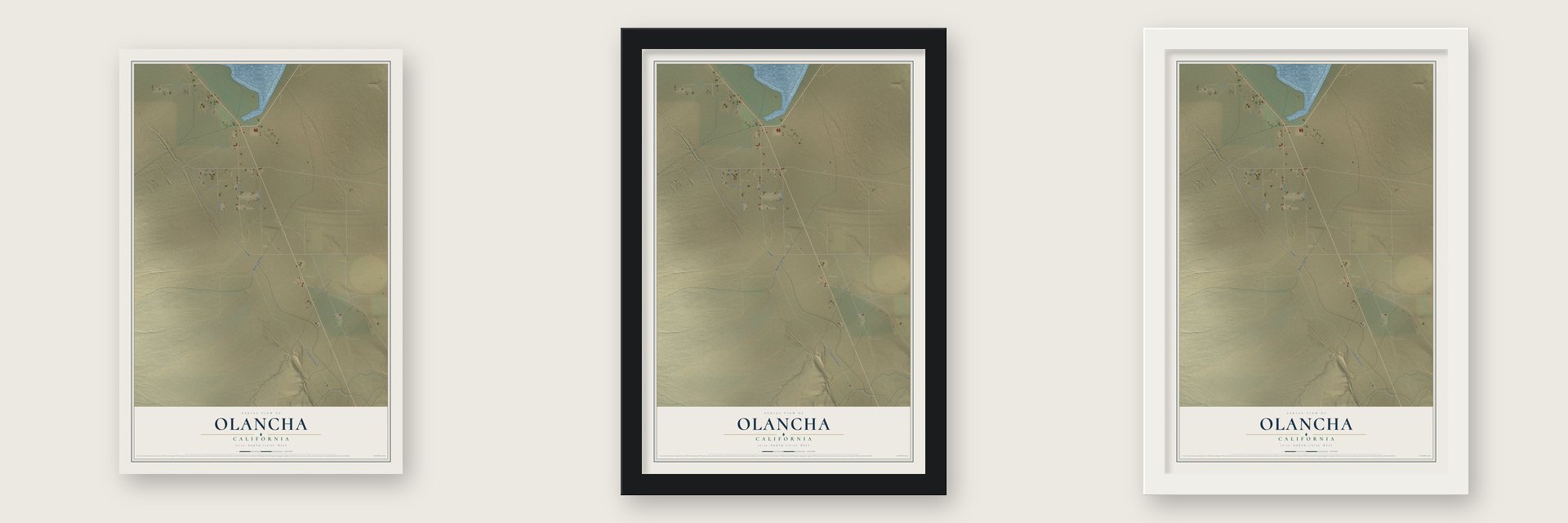 Olancha, California map unframed, in a black wood frame and in a white wood frame