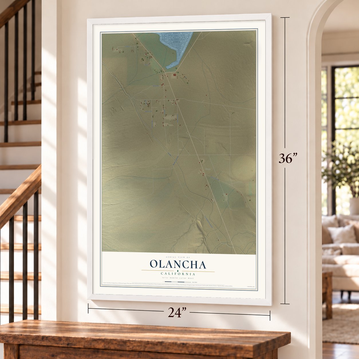 Olancha, California map, 24 x 36 inch print in a white frame by a staircase