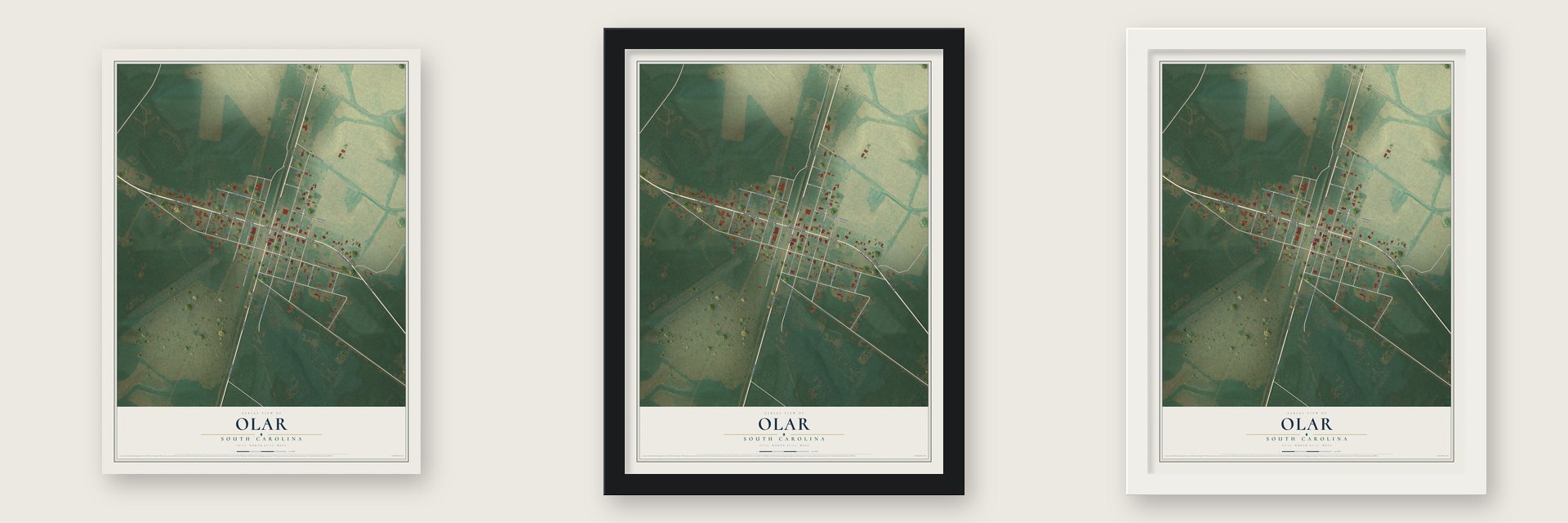 Olar, South Carolina map unframed, in a black wood frame and in a white wood frame