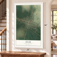 Olar, South Carolina map, 24 x 36 inch print in a white frame by a staircase