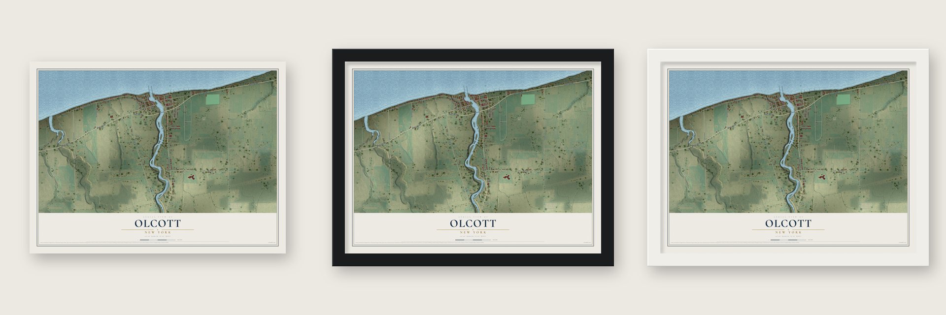 Olcott, New York map unframed, in a black wood frame and in a white wood frame