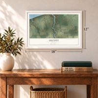 Olcott, New York map, 12 x 18 inch print in a white frame in an entryway