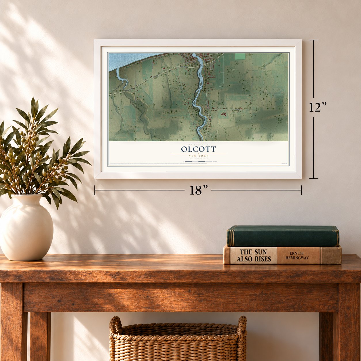 Olcott, New York map, 12 x 18 inch print in a white frame in an entryway