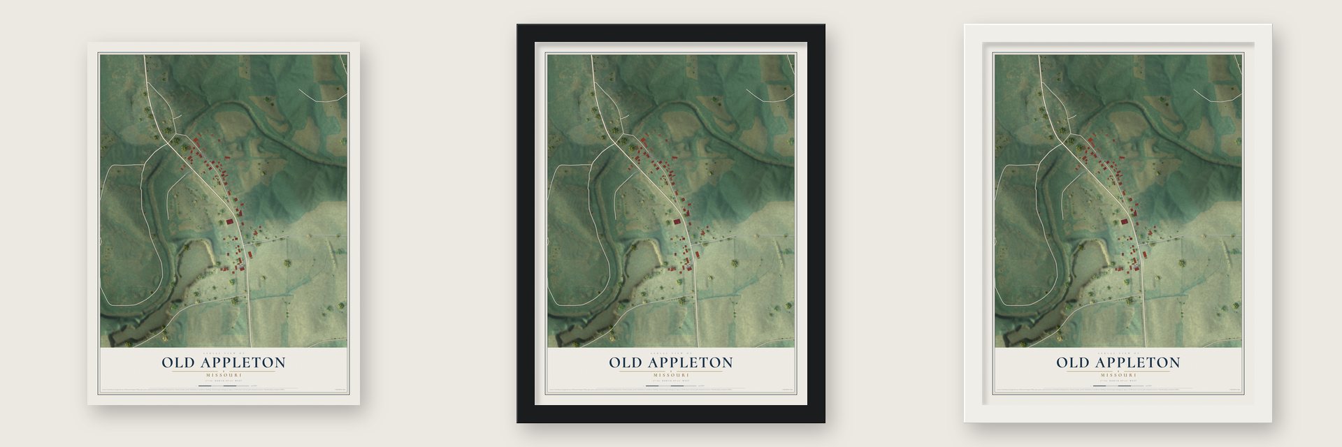 Old Appleton, Missouri map unframed, in a black wood frame and in a white wood frame