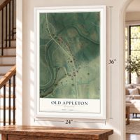Old Appleton, Missouri map, 24 x 36 inch print in a white frame by a staircase