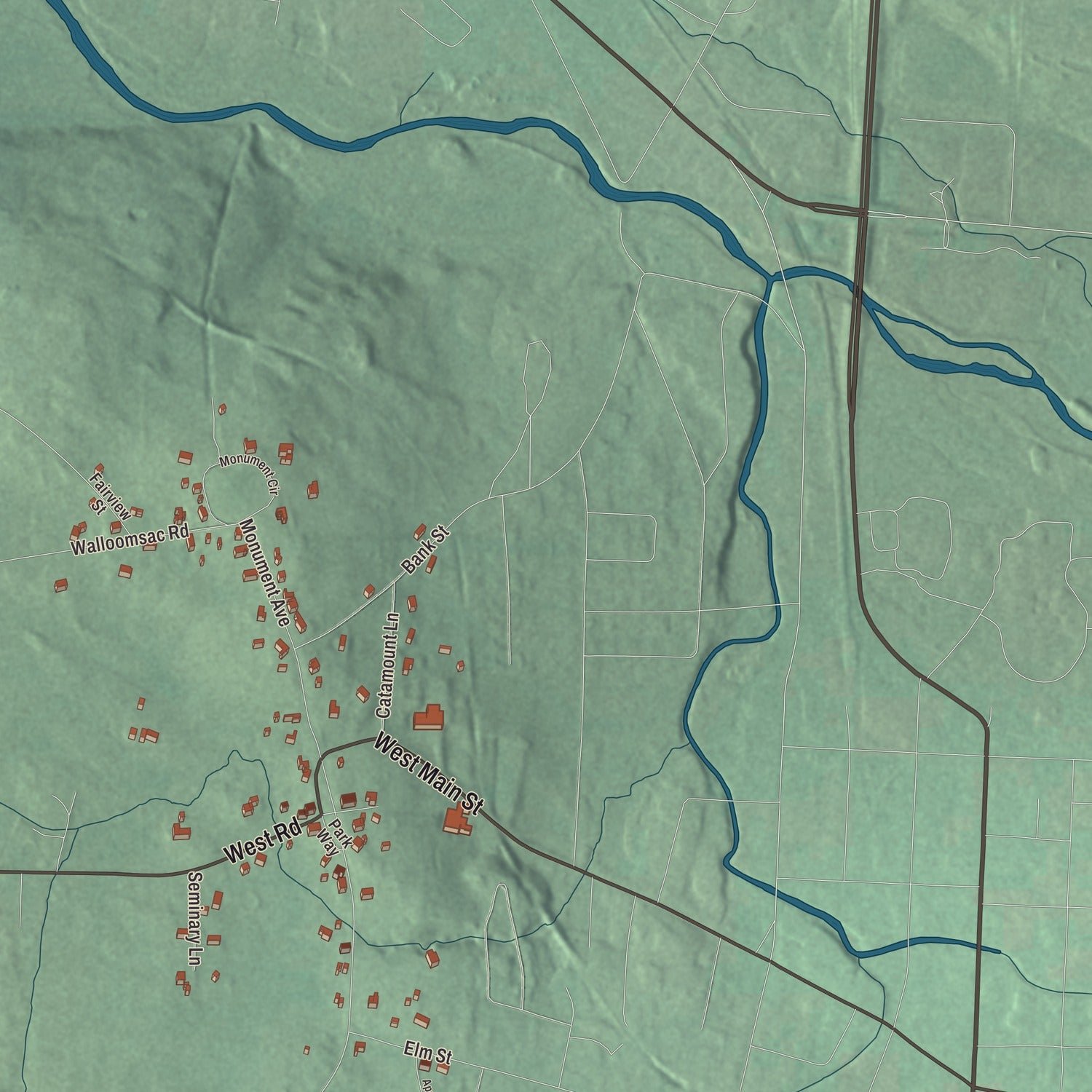 Close-up of the map of Old Bennington, Vermont print showing terrain and local geography