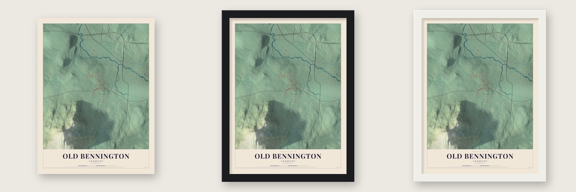 Old Bennington, Vermont map unframed, in a black wood frame and in a white wood frame