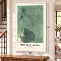 Old Bennington, Vermont map, 24 x 36 inch print in a white frame by a staircase