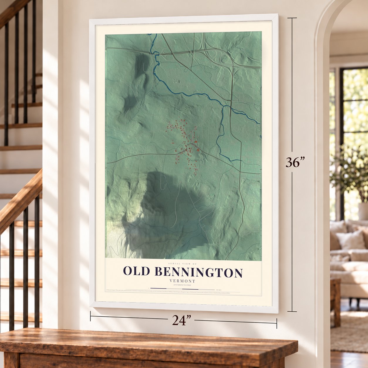 Old Bennington, Vermont map, 24 x 36 inch print in a white frame by a staircase