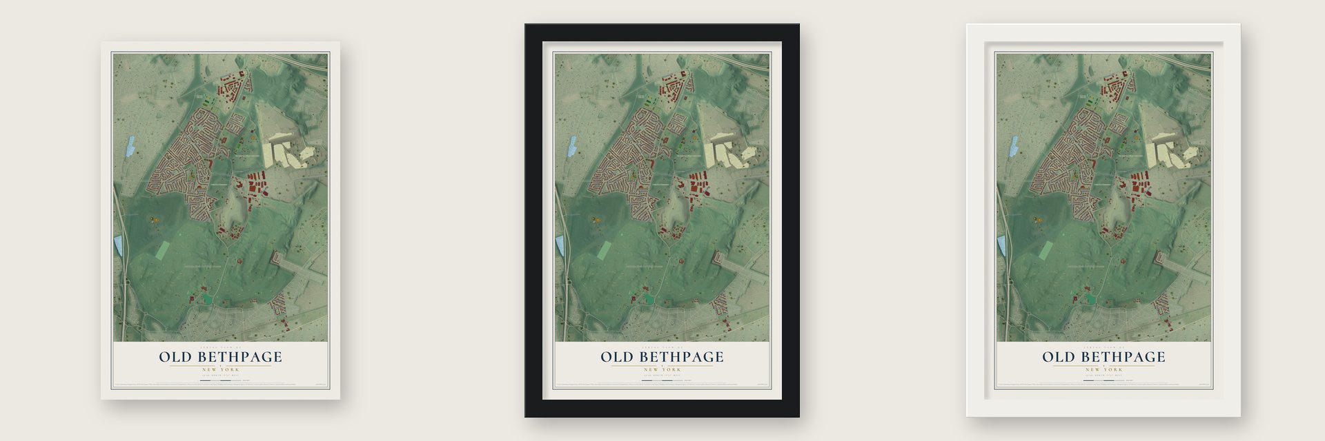 Old Bethpage, New York map unframed, in a black wood frame and in a white wood frame