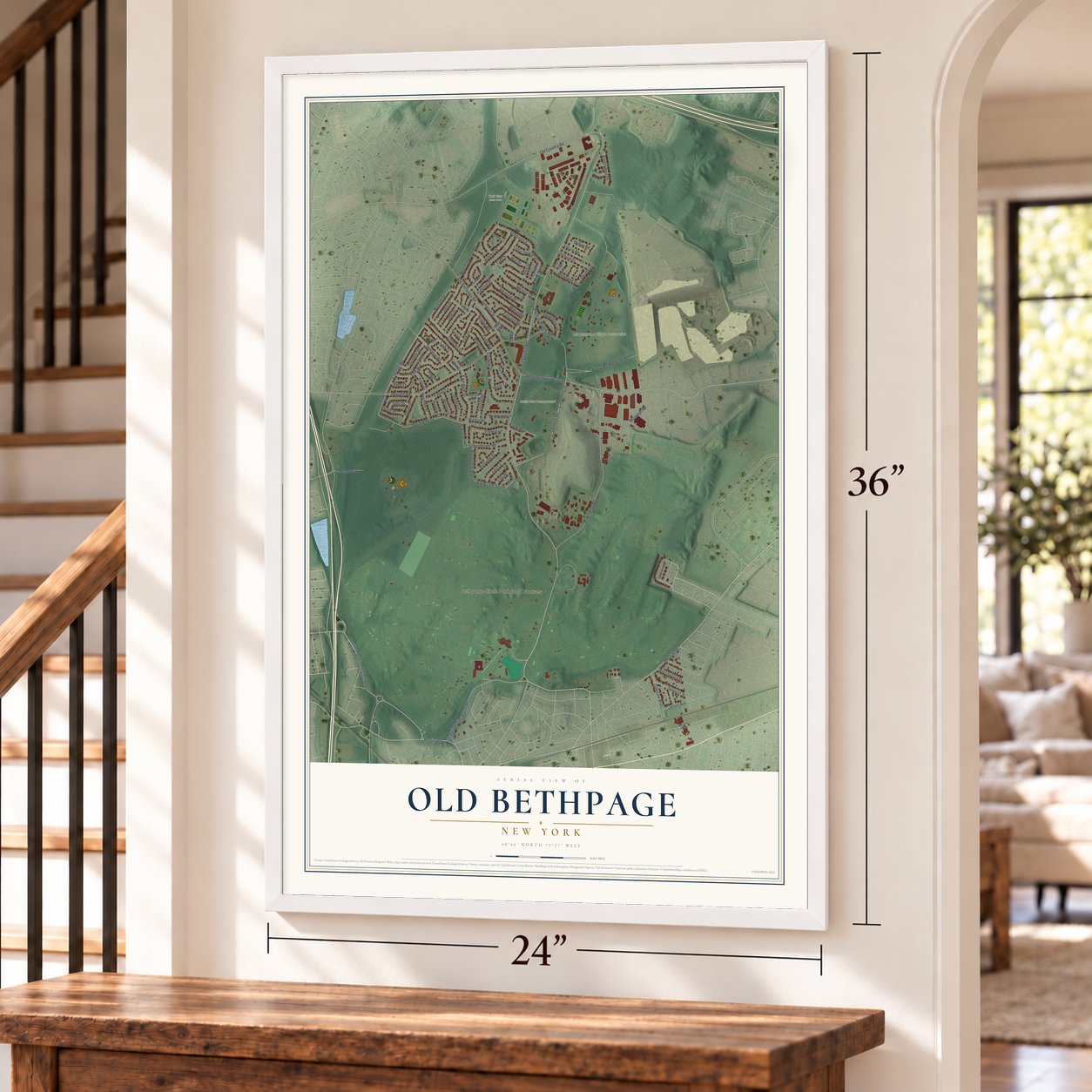 Old Bethpage, New York map, 24 x 36 inch print in a white frame by a staircase